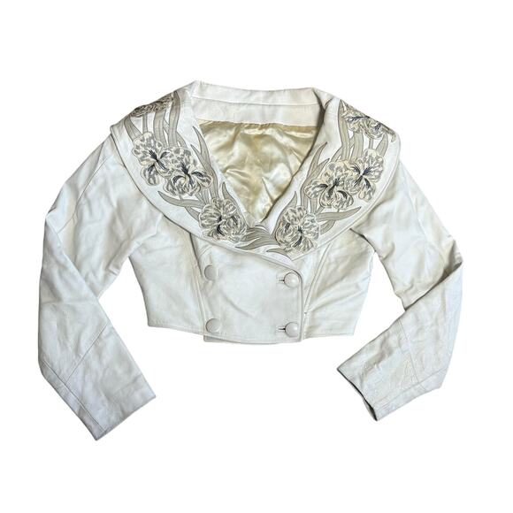 Vintage Jean Claude Jitrois Paris Cream Leather Floral Embroidered Jacket M - Picture 10 of 10